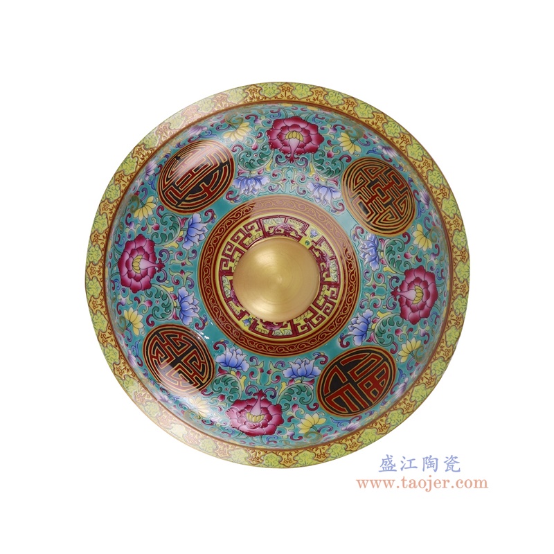 RZLX12-A-L珐琅彩绿底缠枝莲茶叶罐顶部图