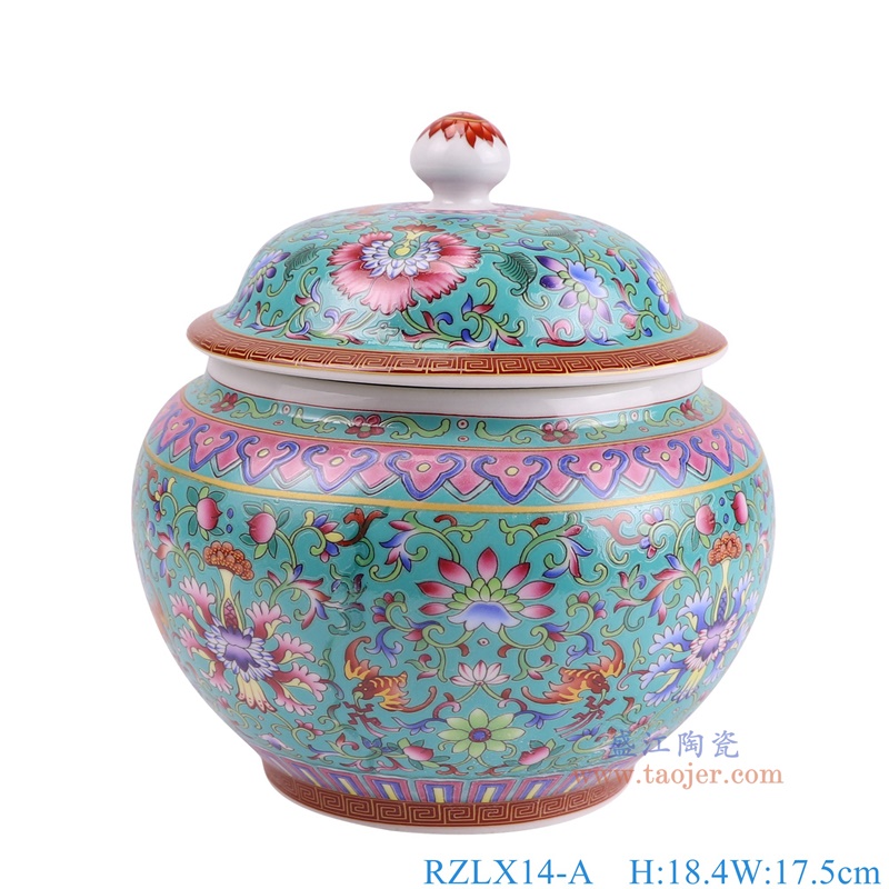 RZLX14-A 珐琅彩绿底缠枝莲将军罐高18.4直径17.5底径10重量1.15KG