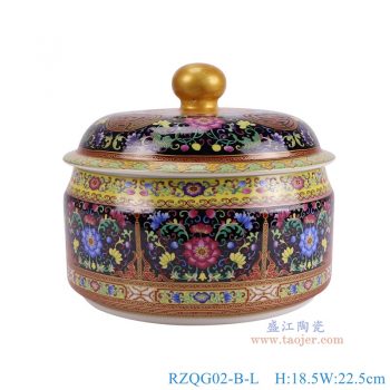 RZQG02-B-L  珐琅彩黑底缠枝莲茶叶罐大号 高18.5直径22.5重量3.6KG