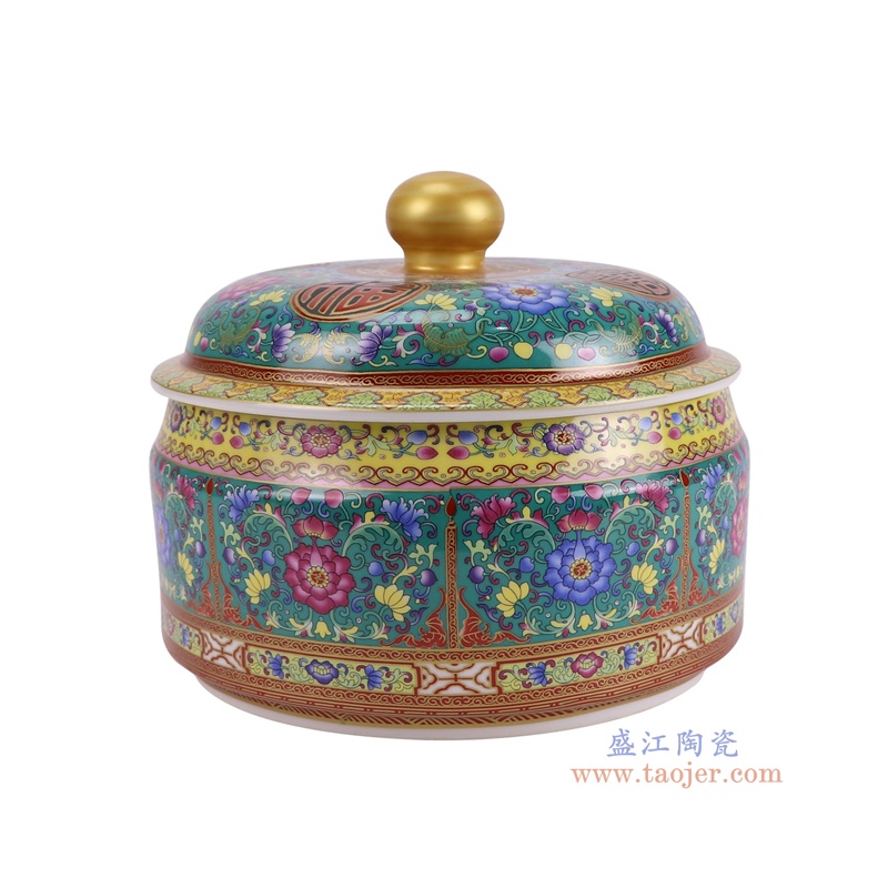 RZQG02-D-L珐琅彩绿底缠枝莲茶叶罐大号侧面图