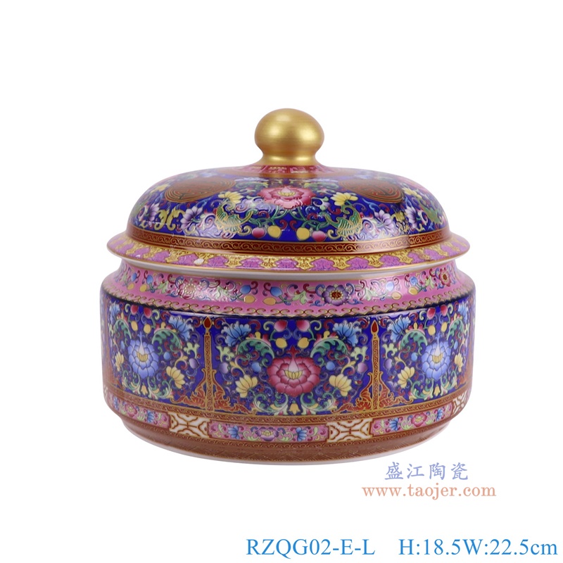 RZQG02-E-L珐琅彩蓝底缠枝莲茶叶罐大号正面图