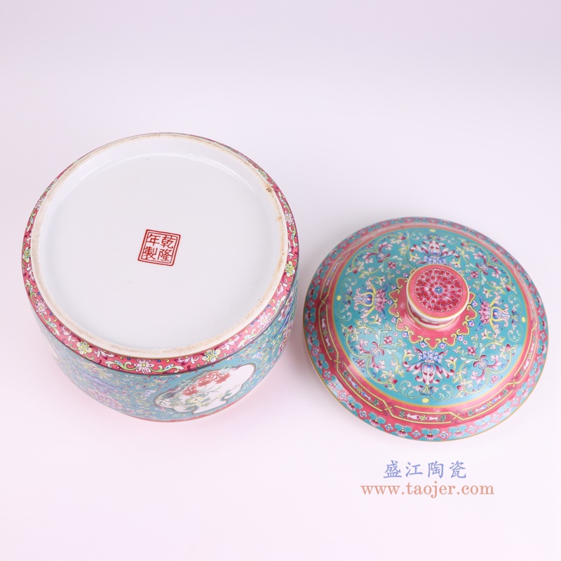 RZQG04-A-L珐琅彩绿底缠枝莲开窗花卉茶叶罐大号底部图
