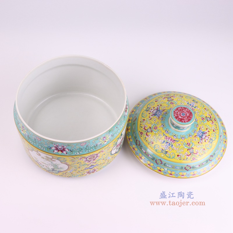 RZQG04-B-L珐琅彩黄底缠枝莲开窗花卉茶叶罐大号顶部图
