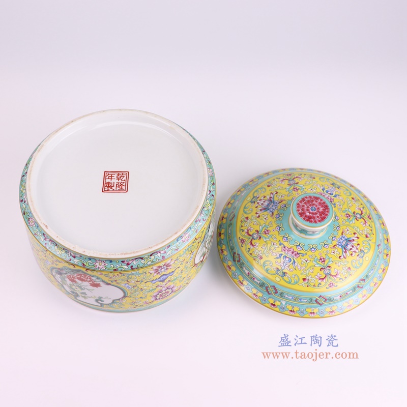 RZQG04-B-L珐琅彩黄底缠枝莲开窗花卉茶叶罐大号底部图