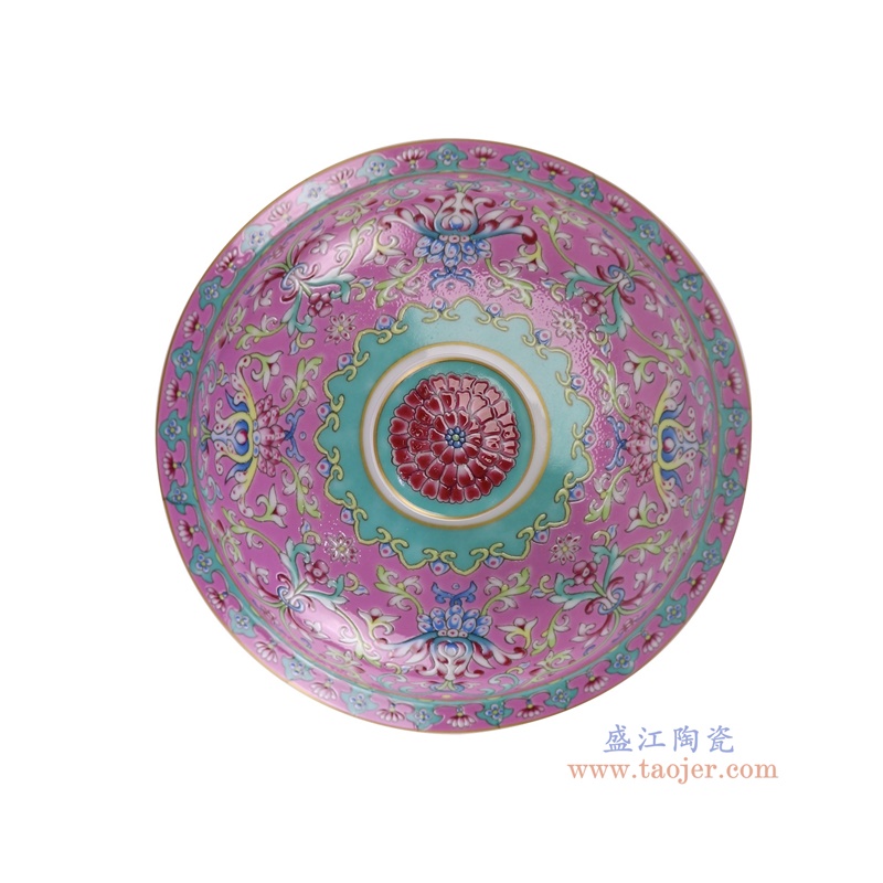 RZQG04-D-S珐琅彩粉色底缠枝莲开窗花卉茶叶罐小号顶部图