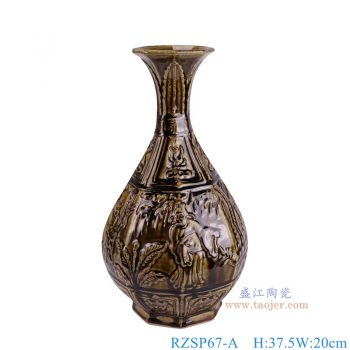 RZSP67-A  酱色雕刻人物玉壶春瓶 高37.5直径20底径12重量2KG