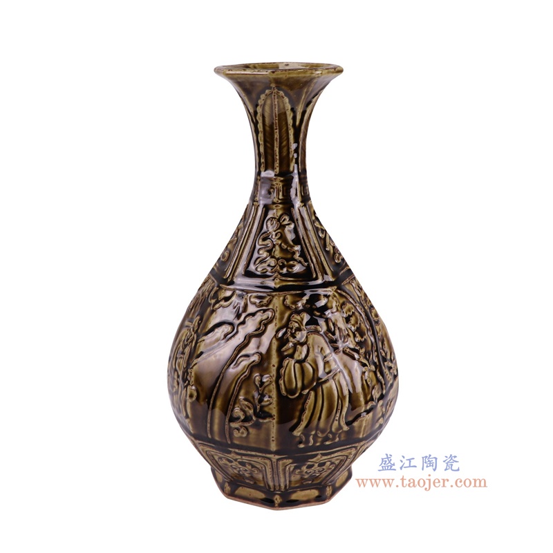 RZSP67-A酱色雕刻人物玉壶春瓶侧面图