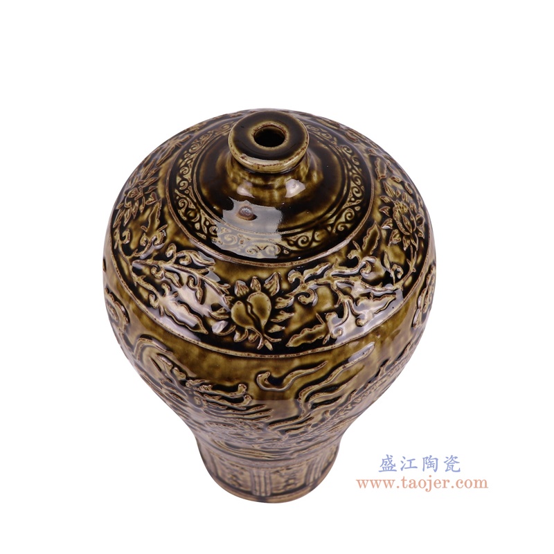 RZSP69-A酱色雕刻龙纹梅瓶俯视图