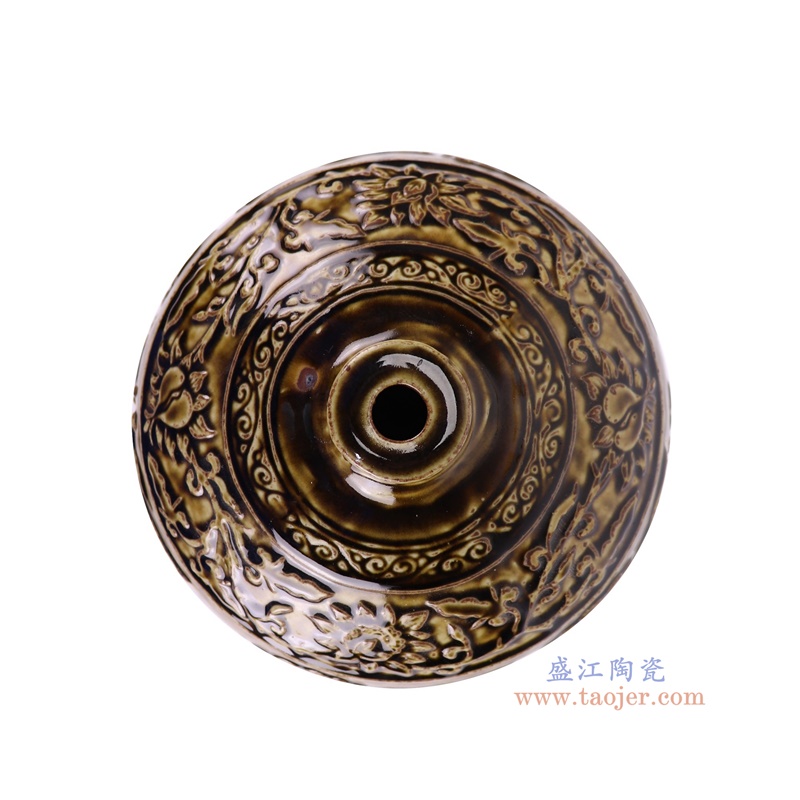 RZSP69-A酱色雕刻龙纹梅瓶顶部图