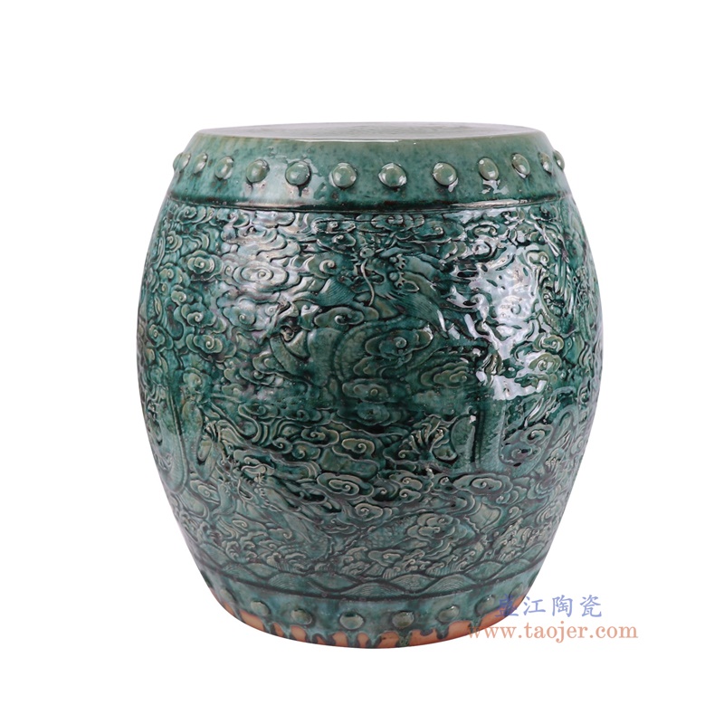 RZSP72-A窑变绿色雕刻龙纹鼓凳子凉墩侧面图