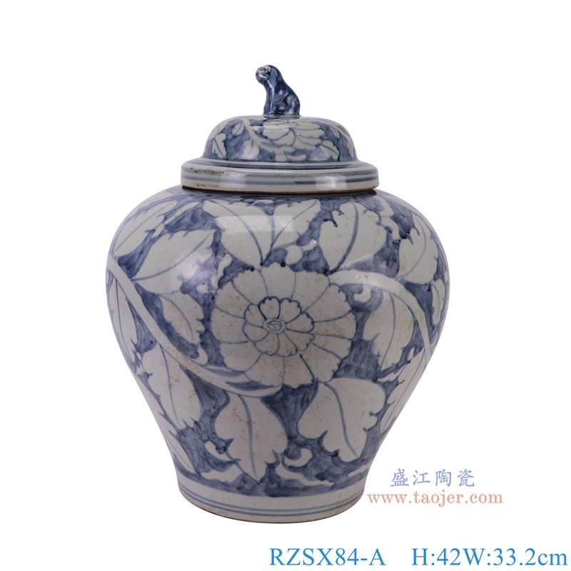 RZSX84-A青花花叶牡丹纹狗头罐包盖罐正面图