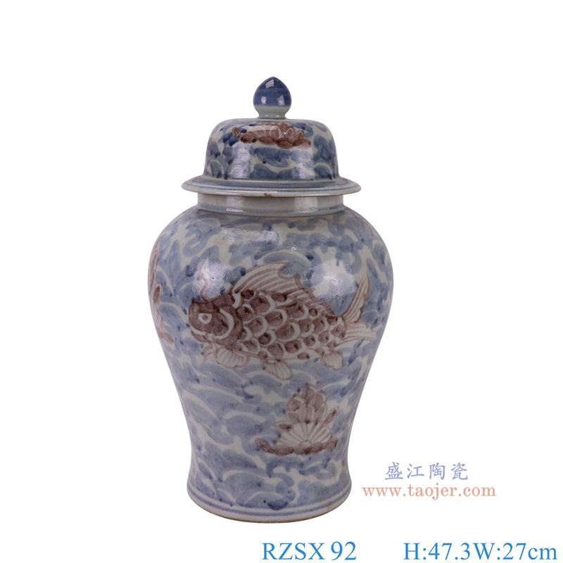 RZSX92青花釉里红鱼纹将军罐正面图