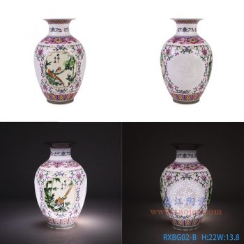 RXBG02-B 彩绘玲珑开窗竹报平安冬瓜瓶小号 高22直径13.8口径13.8底径7.5重量0.45KG