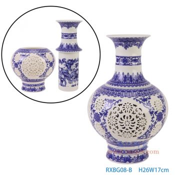 RXBG08-B  80件双层青花缠枝莲镂空转心竹节瓶 高26直径17口径3.5底径9重量0.8KG