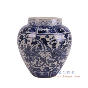 RZTA02-C  青花开片裂纹釉缠枝莲罐 高18.5直径18.4底径9.5重量1.45KG