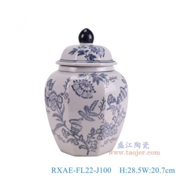 RXAE-FL22-J100  青花花卉八角将军罐 高28.5直径20.7重量2.65KG