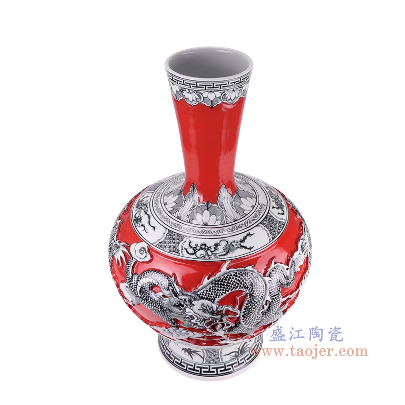 RXBQ01-B红底黑色雕刻龙纹大花瓶俯视图
