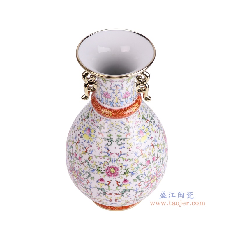 RZUF02-A白底描金粉彩珐琅彩缠枝莲双耳玉壶春瓶俯视图