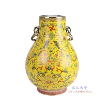 RZUF03-A  黄底描金粉彩珐琅彩缠枝莲双耳福桶 高31.2直径22.3底径12.8重量2.75KG