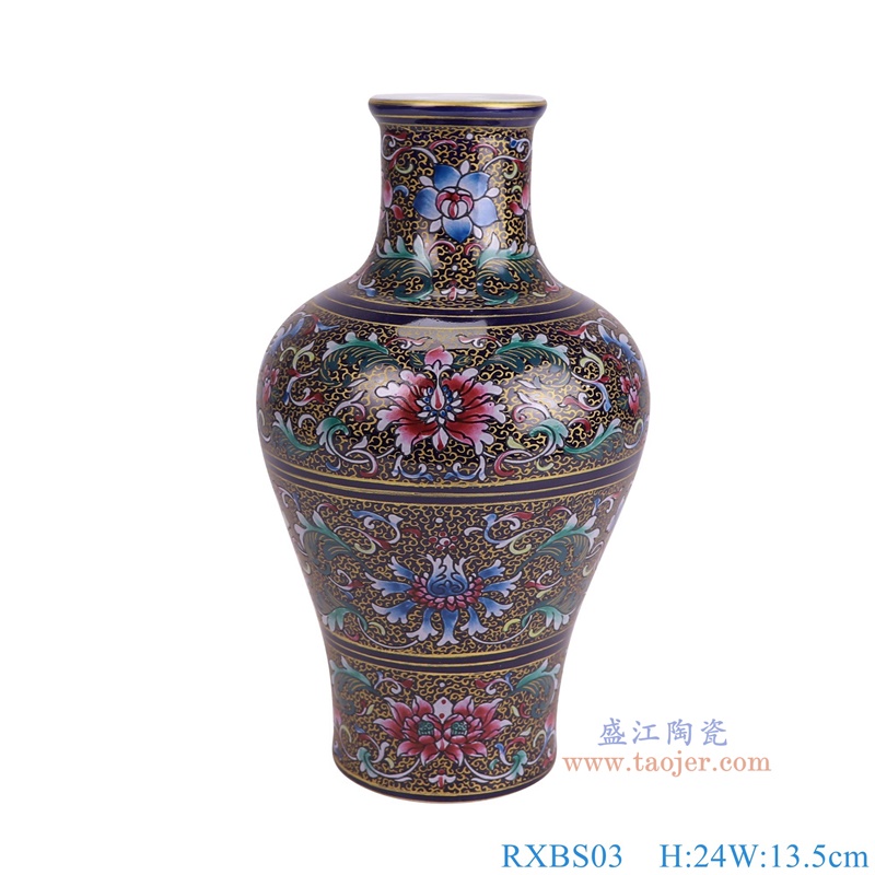 RXBS03蓝底缠枝莲描金珐琅彩鱼尾瓶正面图