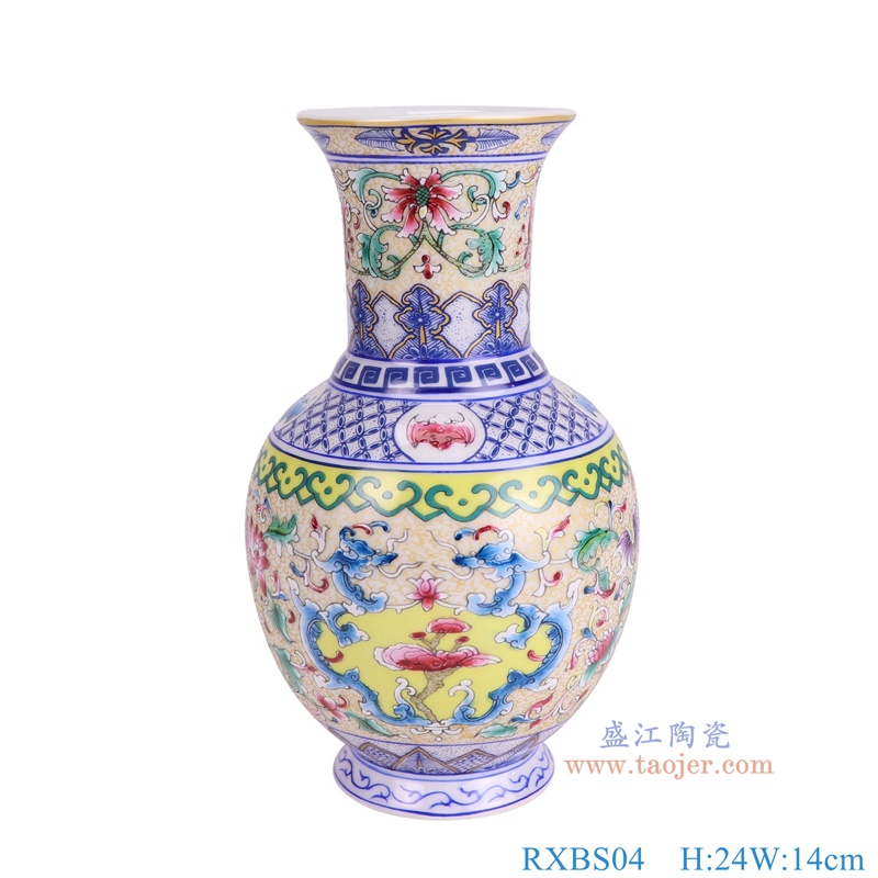 RXBS04黄底缠枝莲描金珐琅彩广口瓶正面图