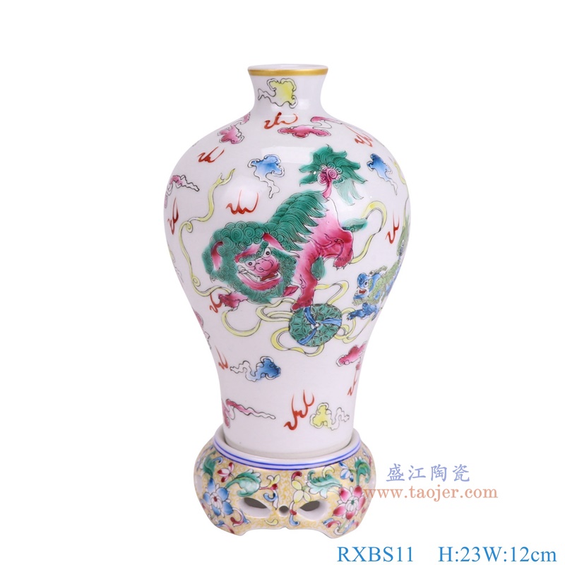 RXBS11白底狮子绣球纹描金珐琅彩转心梅瓶正面图
