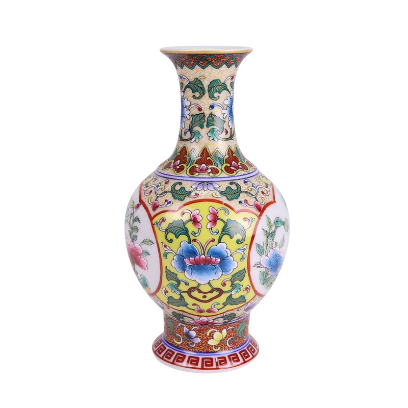 RXBS24黄底缠枝莲开窗牡丹描金珐琅彩赏瓶侧面图
