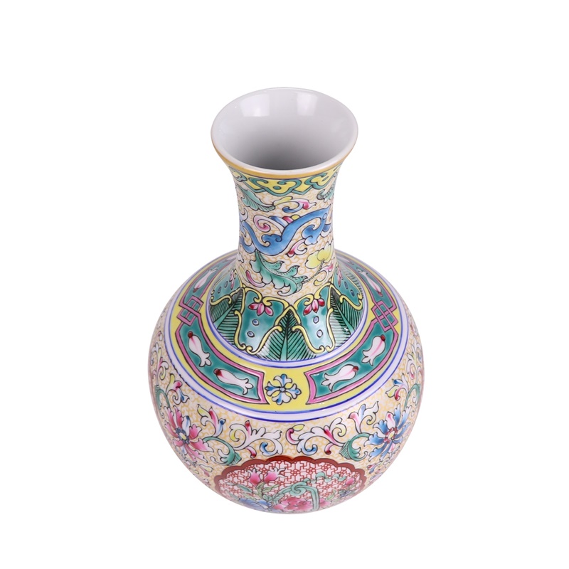 RXBS29黄底缠枝莲开窗花果纹描金珐琅彩天球瓶俯视图