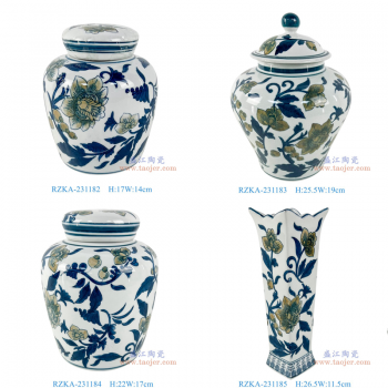 RZKA-231182组合 7英寸青花彩绘花叶纹圆罐 10英寸青花彩绘花叶纹将军罐 9英寸青花彩绘花叶纹圆罐 10英寸青花彩绘花叶纹四方花口花瓶