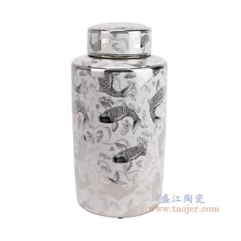 RZKA161260 银边银色游鱼年年有余陶瓷罐 糖果罐 茶叶罐 高：40直径：20