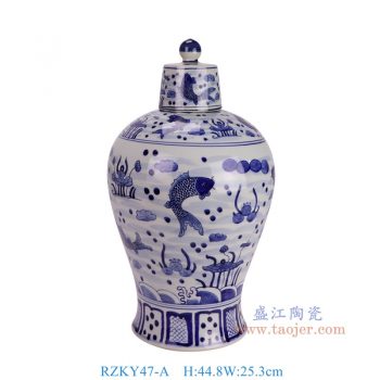 RZKY47-A 青花鱼藻纹带盖梅瓶 高44.8直径25.3底径17.5重量6.05KG