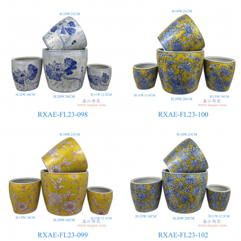 RXAE-FL23-098青花荷花莲花纹花盆四件套（含底碟） RXAE-FL23-099金黄底花叶纹花盆四件套（含底碟） RXAE-FL23-100黄底青花花叶纹花盆四件套（含底碟） RXAE-FL23-102黄底青花花叶纹花盆四件套（含底碟）