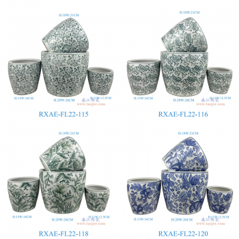 RXAE-FL22-115绿色花枝纹花盆四件套（含底碟） RXAE-FL22-116绿色缠枝花纹花盆四件套（含底碟） RXAE-FL22-118绿色花叶纹花盆四件套（含底碟） RXAE-FL22-120青花花叶纹花盆四件套（含底碟）