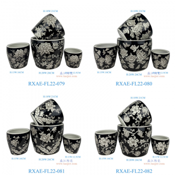RXAE-FL22-079黑底花叶纹花盆四件套（含底碟） RXAE-FL22-080黑底花叶纹花盆四件套（含底碟） RXAE-FL22-081黑底花叶纹花盆四件套（含底碟） RXAE-FL22-082黑底花叶纹花盆四件套（含底碟）