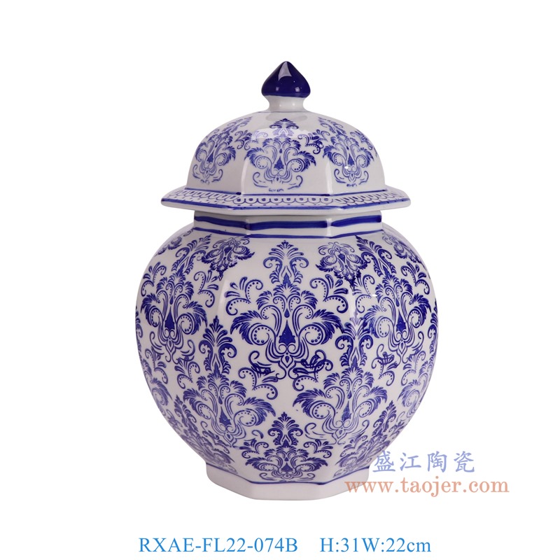 RXAE-FL22-074B青花缠枝莲八角将军罐茶叶罐正面图