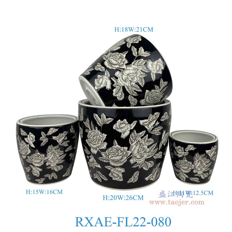RXAE-FL22-080 "黑底花叶纹花盆四件套（含底碟） 高20 18 15 11直径26 21 16 12.5 