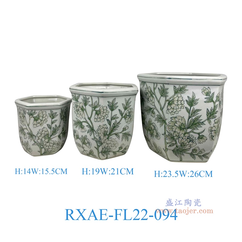 RXAE-FL22-094 "绿色花叶纹六角花盆三件套 (含底碟) 高23.5 19 14.5直径26 21 15.5