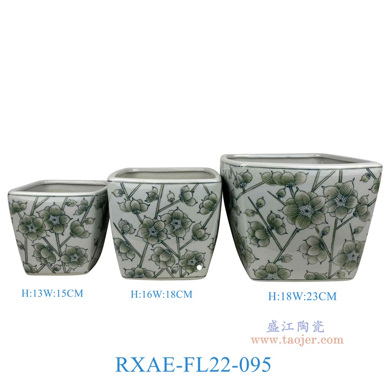 RXAE-FL22-095 "绿色花叶枝纹四方花盆三件套（含底碟） 高18 16 13直径23 18 15 