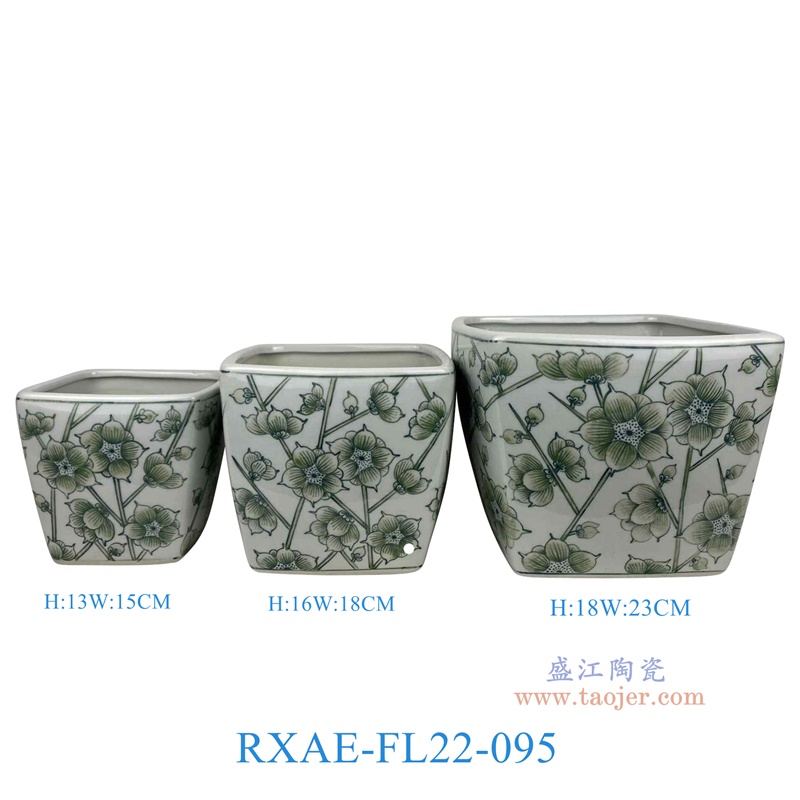 RXAE-FL22-095 "绿色花叶枝纹四方花盆三件套(含底碟) 高18 16 13直径23 18 15