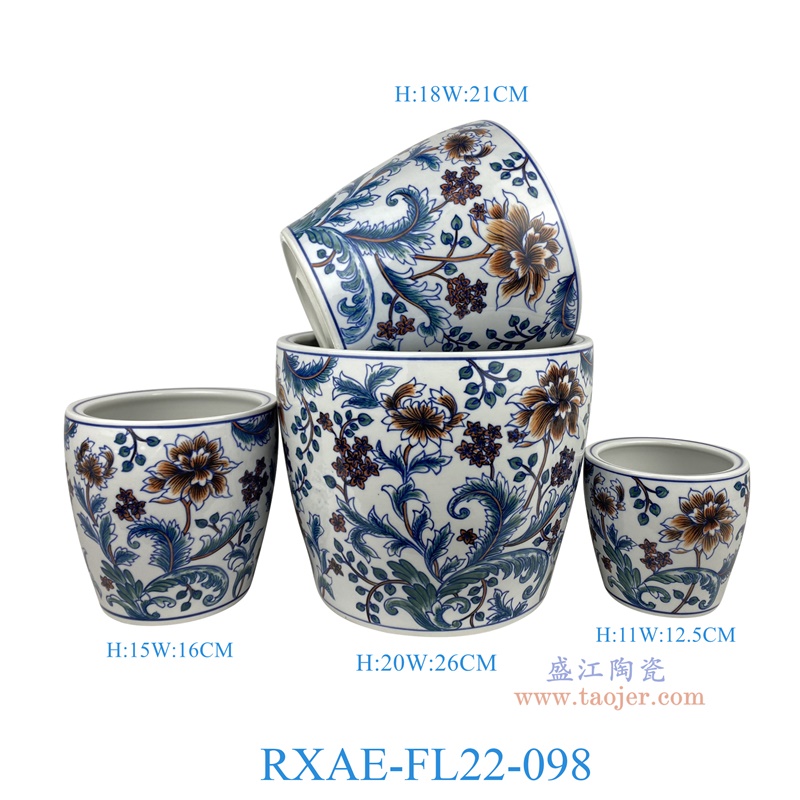 RXAE-FL22-098 "彩绘花叶纹花盆四件套(含底碟)纯手绘 高20 18 15 11直径26 21 16 12.5