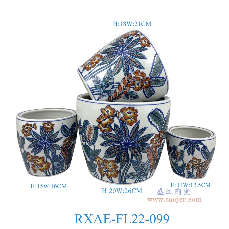 RXAE-FL22-099 "彩绘花叶纹花盆四件套(含底碟)纯手绘 高20 18 15 11直径26 21 16 12.5