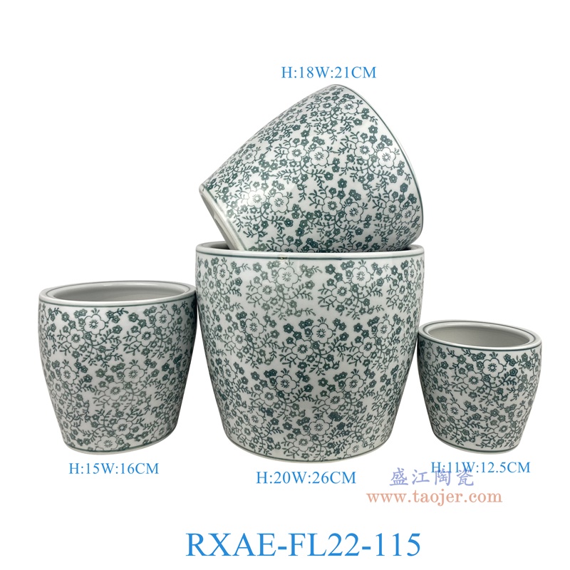RXAE-FL22-115 "绿色花枝纹花盆四件套(含底碟) 高20 18 15 11直径26 21 16 12.5
