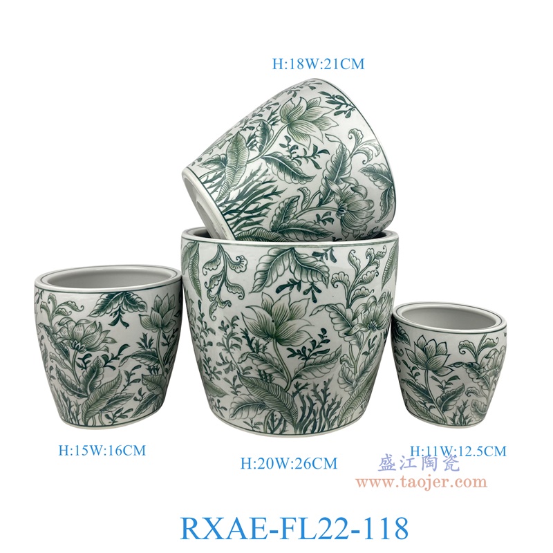 RXAE-FL22-118 "绿色花叶纹花盆四件套（含底碟） 高20 18 15 11直径26 21 16 12.5 