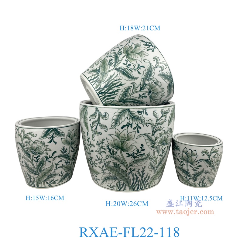RXAE-FL22-118 "绿色花叶纹花盆四件套(含底碟) 高20 18 15 11直径26 21 16 12.5
