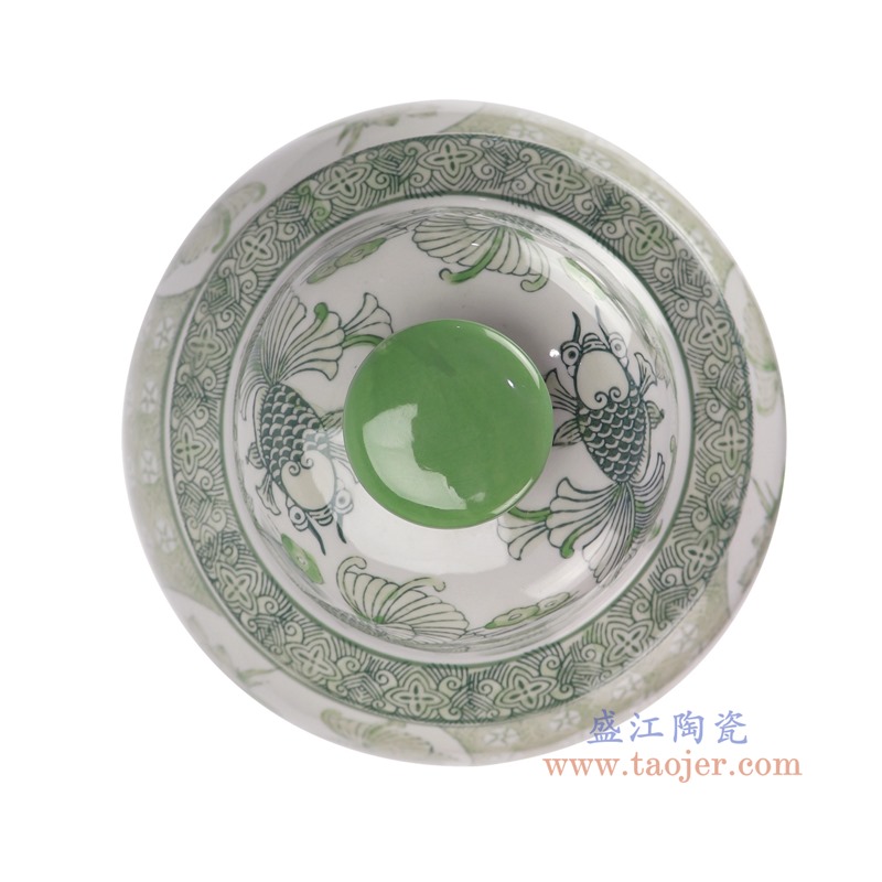 RXAE-FL22-313G绿色鱼藻纹将军罐顶部图