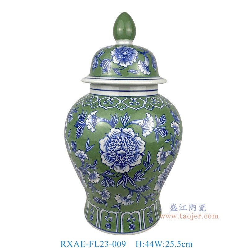 RXAE-FL23-009 绿底青花花叶纹将军罐 高44直径25.5 
