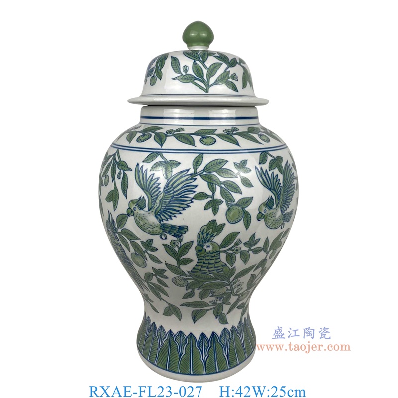 RXAE-FL23-027 绿色鹦鹉花鸟将军罐 高42直径25