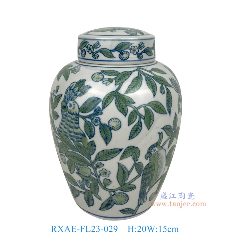 RXAE-FL23-029 绿色鹦鹉花鸟平顶罐 高20直径15