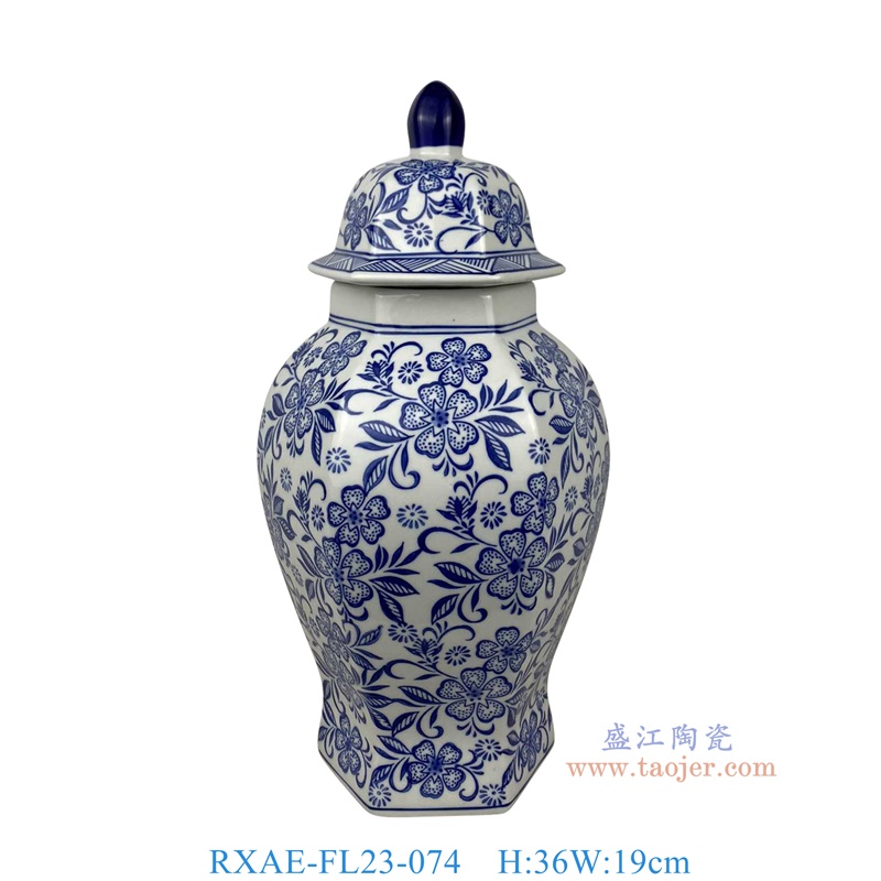 RXAE-FL23-074 青花花叶纹六角将军罐 高36直径19
