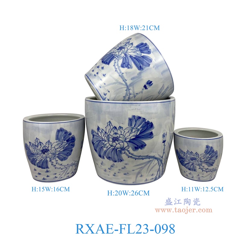 RXAE-FL23-098 "青花荷花莲花纹花盆四件套（含底碟） 高20 18 15 11直径26 21 16 12.5